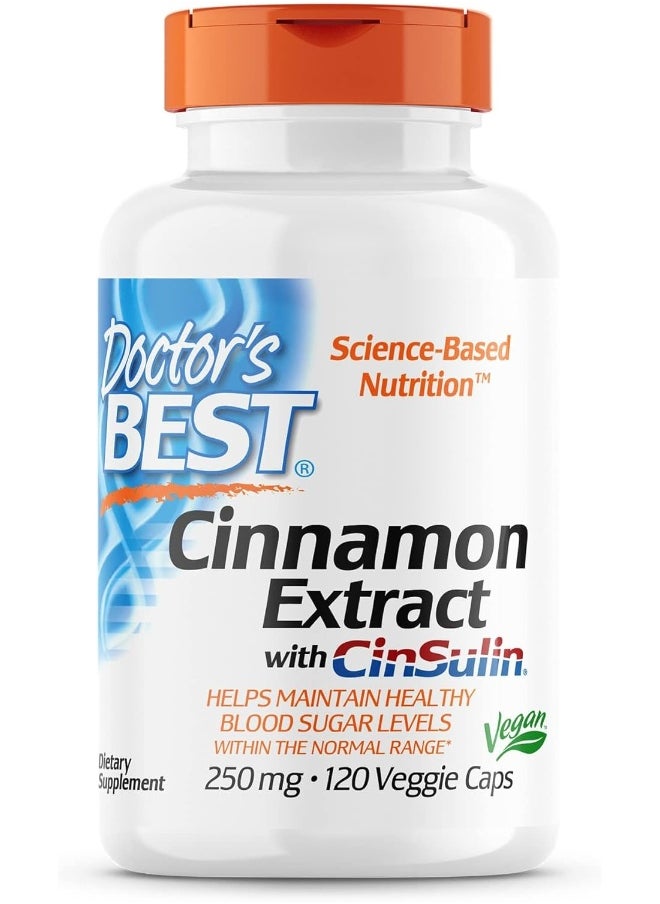 Doctor's Best Cinnamon Extract with CinSulin, Non-GMO, Vegan, Gluten Free, Soy Free, Helps Maintain Blood Sugar Levels, 250 mg, 120 Veggie Caps