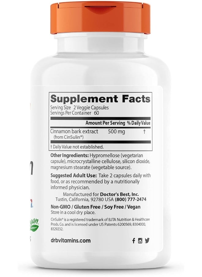 Doctor's Best Cinnamon Extract with CinSulin, Non-GMO, Vegan, Gluten Free, Soy Free, Helps Maintain Blood Sugar Levels, 250 mg, 120 Veggie Caps