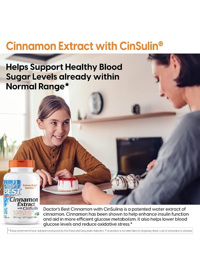 Doctor's Best Cinnamon Extract with CinSulin, Non-GMO, Vegan, Gluten Free, Soy Free, Helps Maintain Blood Sugar Levels, 250 mg, 120 Veggie Caps
