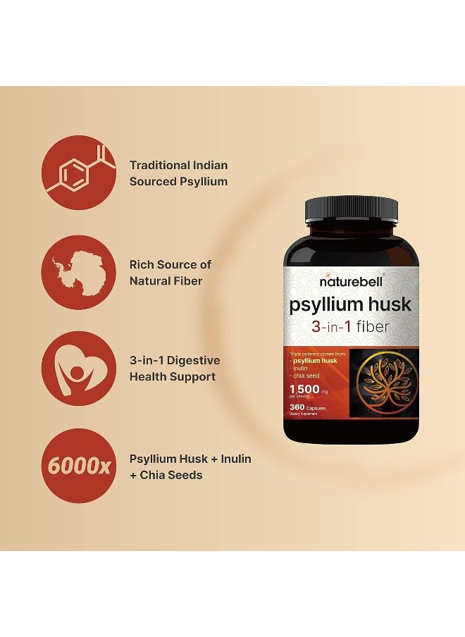 NatureBell Psyllium Husk Capsules 1500mg Per Serving, 360 Count, with Inulin & Chia Seed – Soluble Fiber for Digestion – Plant Based Herbal Fiber Supplement, Non-GMO, Gluten Free