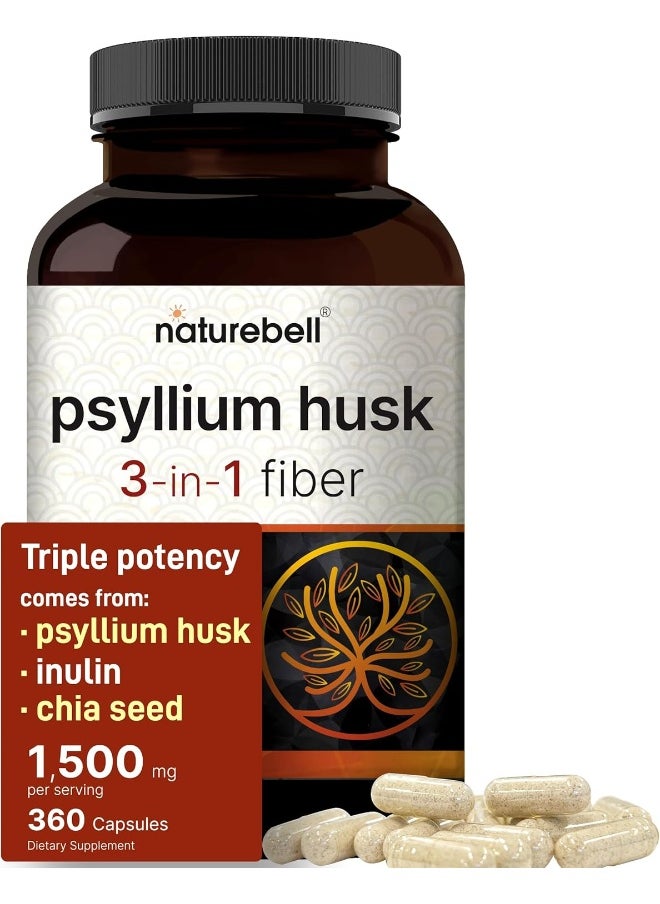 NatureBell Psyllium Husk Capsules 1500mg Per Serving, 360 Count, with Inulin & Chia Seed – Soluble Fiber for Digestion – Plant Based Herbal Fiber Supplement, Non-GMO, Gluten Free