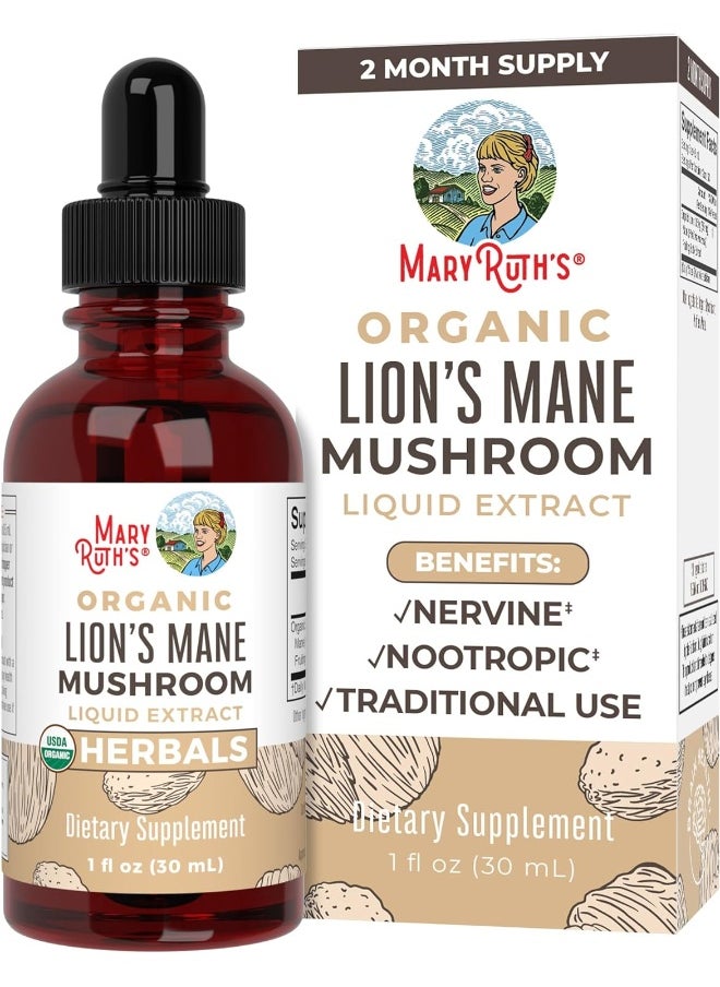 Lion's Mane Mushroom Supplement | USDA Organic Lion's Mane Extract | Nervine Neuroprotective Herbal Liquid Drops | Non-GMO, Vegan, Alcohol Free Tincture | 1 oz | 2 Month Supply