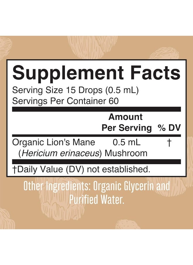 Lion's Mane Mushroom Supplement | USDA Organic Lion's Mane Extract | Nervine Neuroprotective Herbal Liquid Drops | Non-GMO, Vegan, Alcohol Free Tincture | 1 oz | 2 Month Supply
