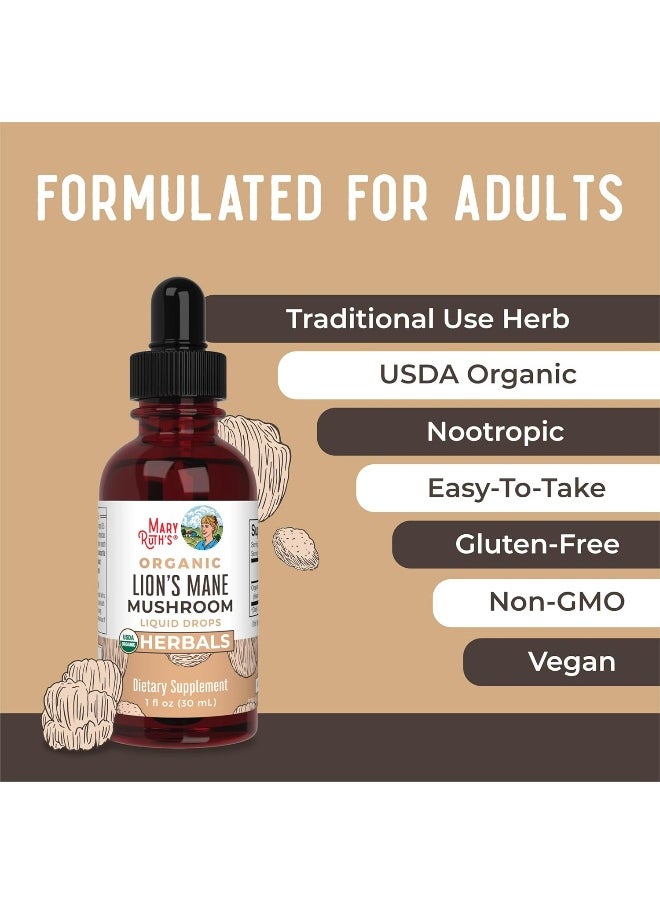Lion's Mane Mushroom Supplement | USDA Organic Lion's Mane Extract | Nervine Neuroprotective Herbal Liquid Drops | Non-GMO, Vegan, Alcohol Free Tincture | 1 oz | 2 Month Supply