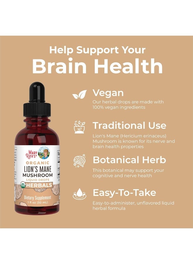Lion's Mane Mushroom Supplement | USDA Organic Lion's Mane Extract | Nervine Neuroprotective Herbal Liquid Drops | Non-GMO, Vegan, Alcohol Free Tincture | 1 oz | 2 Month Supply