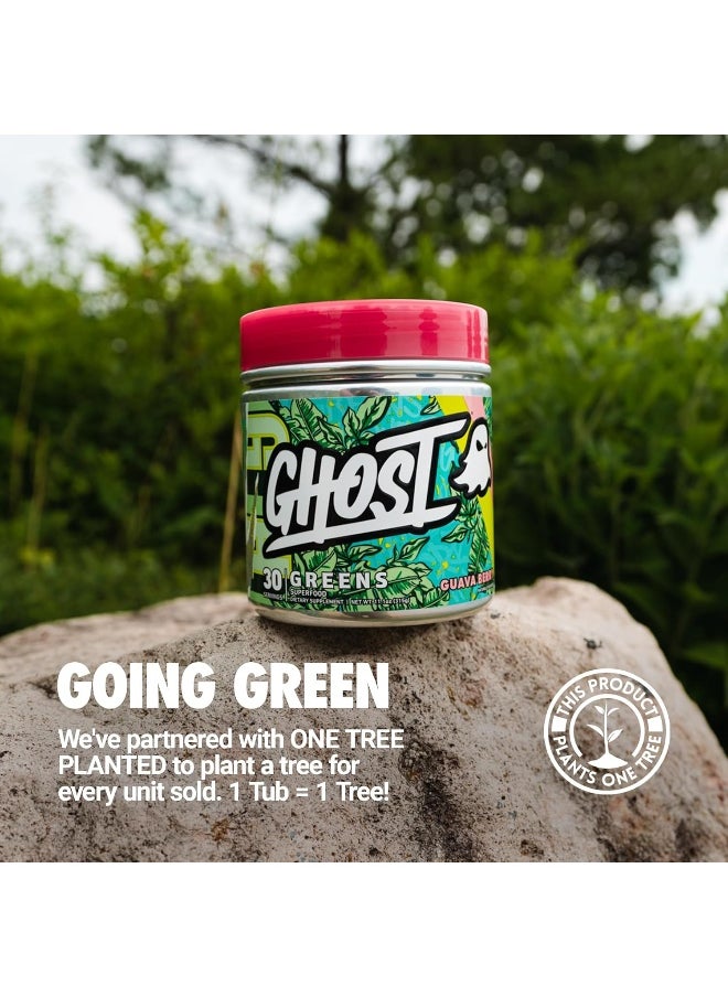 GHOST Greens Superfood Powder- 30 Servings - 19 Super Greens & Reds, Fruits, Vegetables, Spirulina, & Chlorella, Prebiotics, 10 Billion CFU Probiotic & Digestive Enzymes (30 srv, Guava Berry)