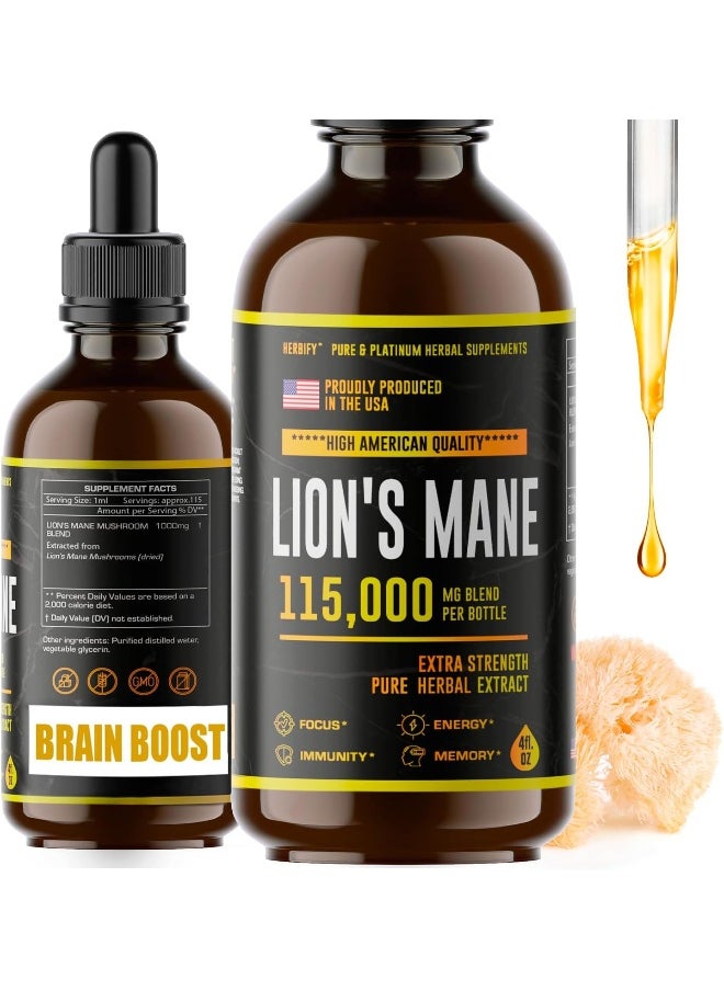 Lion's Mane - Lion's Mane Mushroom Supplement - Lion's Mane Tincture - Natural Immune Support - Lion's Mane Tincture for Memory, Focus & Clarity - Daily Mushroom Supplement - Vegan, Organic - 4 Fl oz