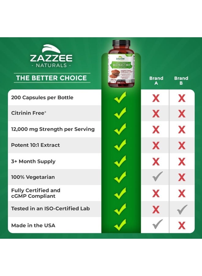 Zazzee Extra Strength Red Yeast Rice 10:1 Extract Capsules 1200 mg, Citrinin Free, 200 Vegan Capsules, Non-Irradiated, Non-GMO and All-Natural, Supports Cardiovascular and Blood Circulation Health