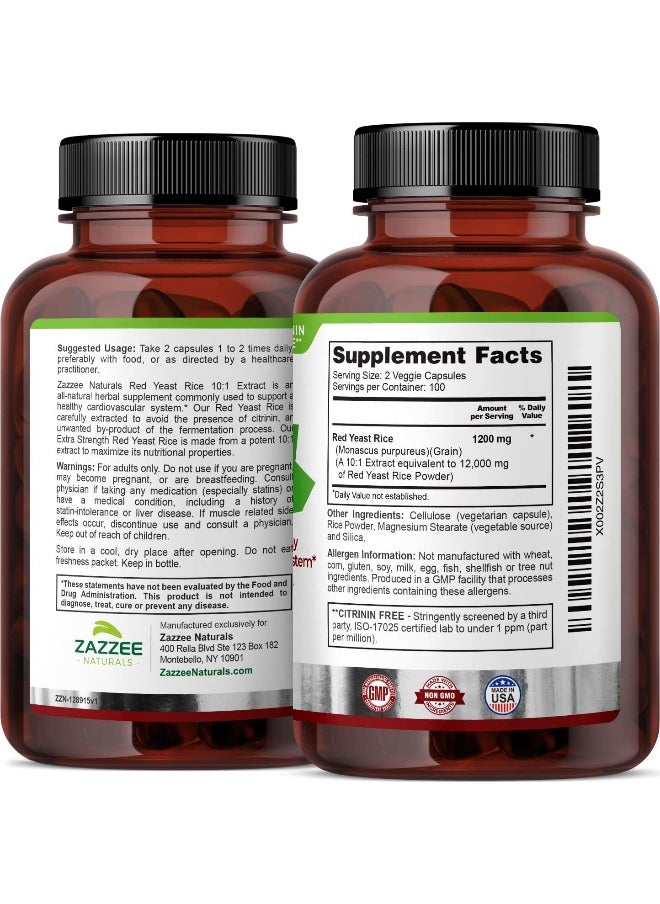 Zazzee Extra Strength Red Yeast Rice 10:1 Extract Capsules 1200 mg, Citrinin Free, 200 Vegan Capsules, Non-Irradiated, Non-GMO and All-Natural, Supports Cardiovascular and Blood Circulation Health