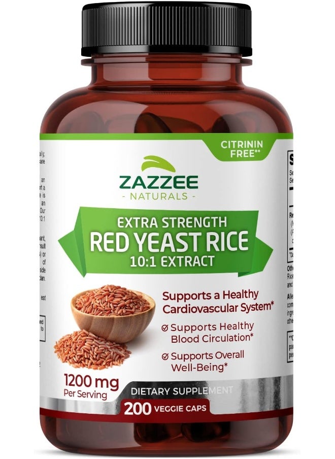 Zazzee Extra Strength Red Yeast Rice 10:1 Extract Capsules 1200 mg, Citrinin Free, 200 Vegan Capsules, Non-Irradiated, Non-GMO and All-Natural, Supports Cardiovascular and Blood Circulation Health
