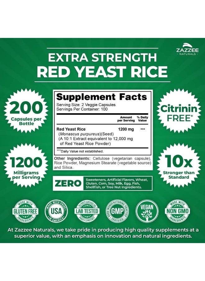 Zazzee Extra Strength Red Yeast Rice 10:1 Extract Capsules 1200 mg, Citrinin Free, 200 Vegan Capsules, Non-Irradiated, Non-GMO and All-Natural, Supports Cardiovascular and Blood Circulation Health