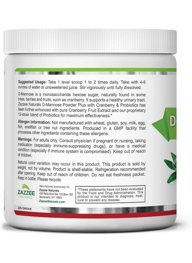 Zazzee D-Mannose Powder Plus, 67 Servings, 6.5 Ounces, Plus 5 Billion CFU Probiotics, Enhanced with Pure Cranberry Juice, Includes Free Scoop, Fast-Acting, Vegan, Non-GMO and All-Natural