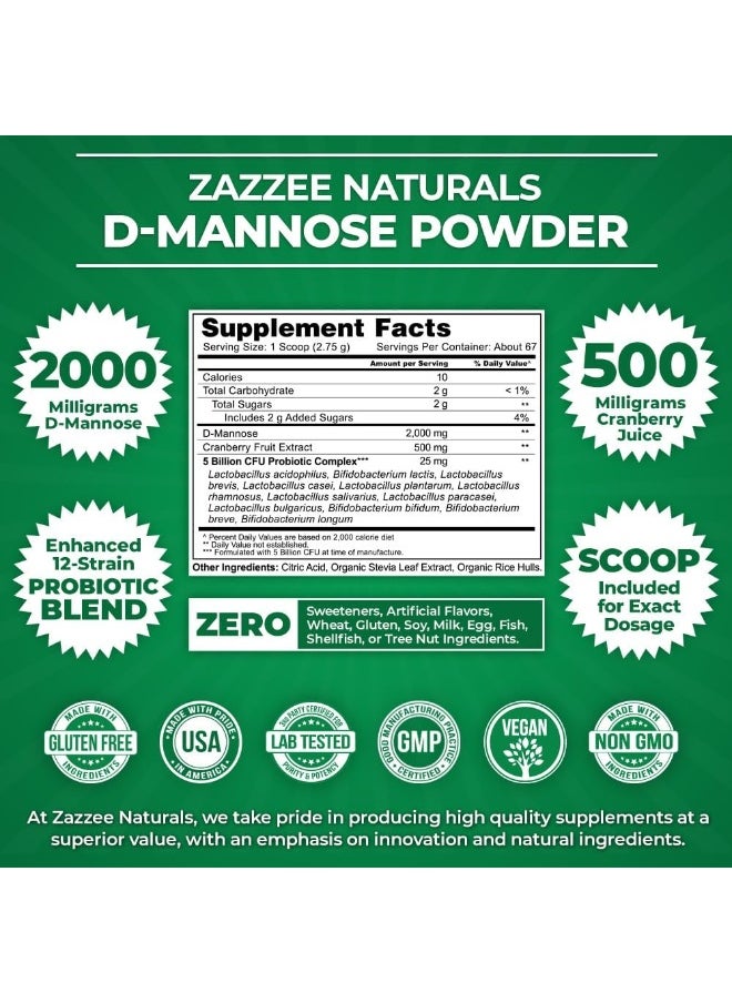 Zazzee D-Mannose Powder Plus, 67 Servings, 6.5 Ounces, Plus 5 Billion CFU Probiotics, Enhanced with Pure Cranberry Juice, Includes Free Scoop, Fast-Acting, Vegan, Non-GMO and All-Natural
