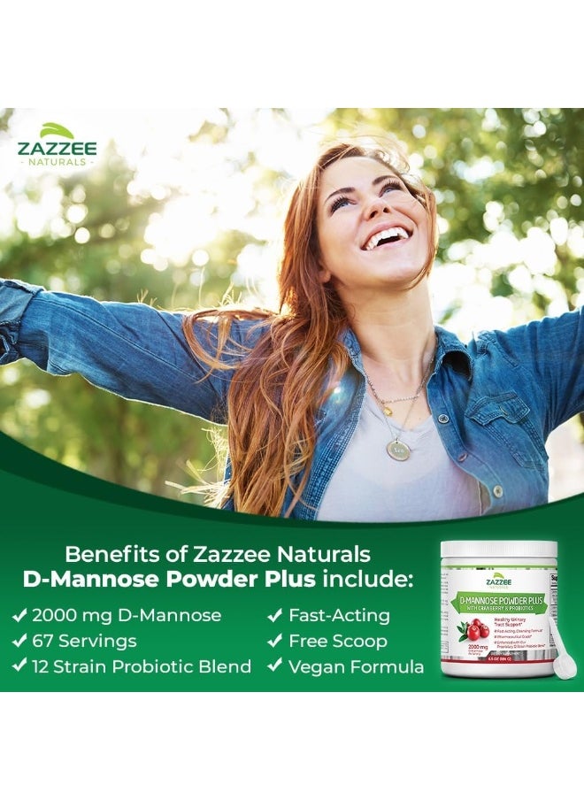 Zazzee D-Mannose Powder Plus, 67 Servings, 6.5 Ounces, Plus 5 Billion CFU Probiotics, Enhanced with Pure Cranberry Juice, Includes Free Scoop, Fast-Acting, Vegan, Non-GMO and All-Natural