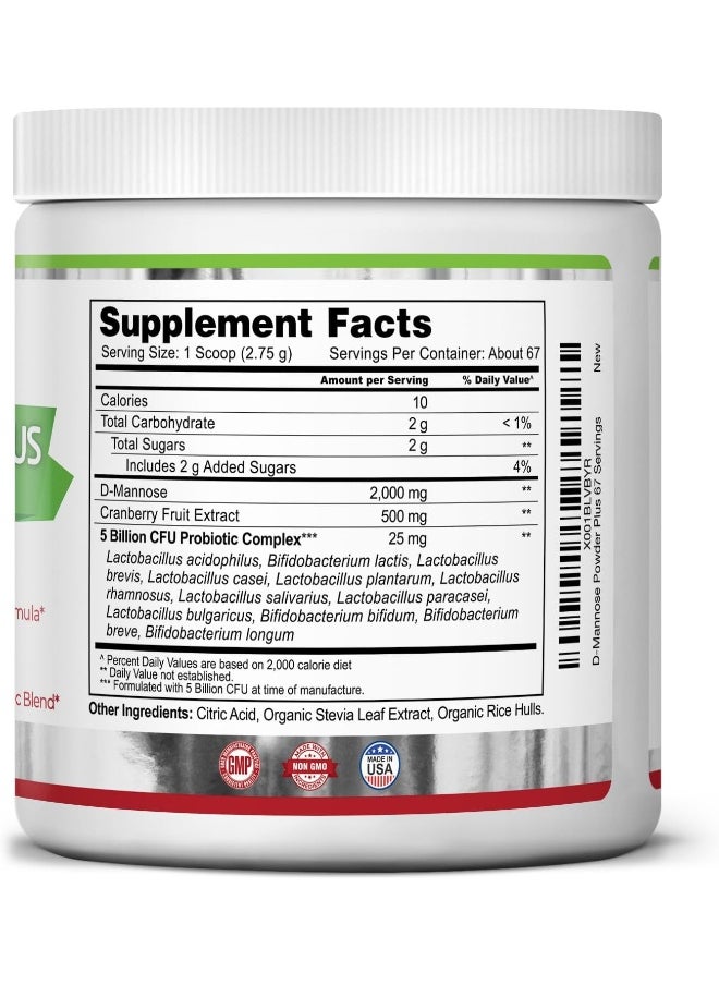 Zazzee D-Mannose Powder Plus, 67 Servings, 6.5 Ounces, Plus 5 Billion CFU Probiotics, Enhanced with Pure Cranberry Juice, Includes Free Scoop, Fast-Acting, Vegan, Non-GMO and All-Natural