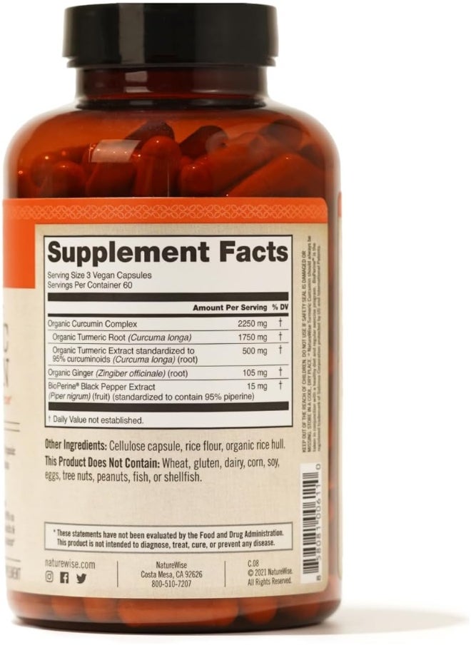 NatureWise ORGANIC Curcumin Turmeric 1650mg, 180 caps with 95% Curcuminoids for Cardiovascular Support & Healthy Joints with Advanced Absorption