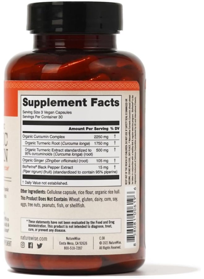 NatureWise Curcumin Turmeric 2250mg | 95% Curcuminoids & BioPerine Black Pepper Extract | Advanced Absorption for Cardiovascular Health Joint Support | Gluten Free Non-GMO [1 Month Supply - 90 Count]
