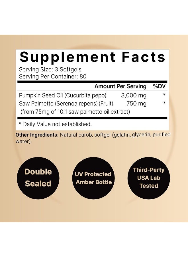 NatureBell Virgin Pumpkin Seed Oil 3,000mg Per Serving with Saw Palmetto, 240 Softgel Capsules