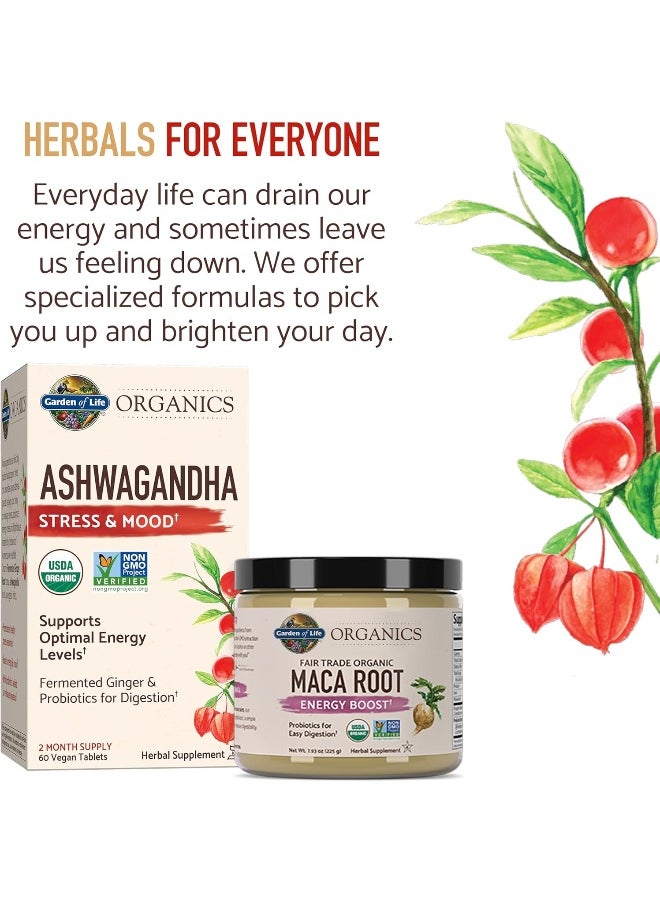 Organic Ashwagandha Stress, Mood & Energy Support Supplement With Probiotics & Ginger Root For Digestion - Garden Of Life Mykind Organics - Vegan, Gluten Free, Non GMO – 2 Month Supply, 60 Tablets