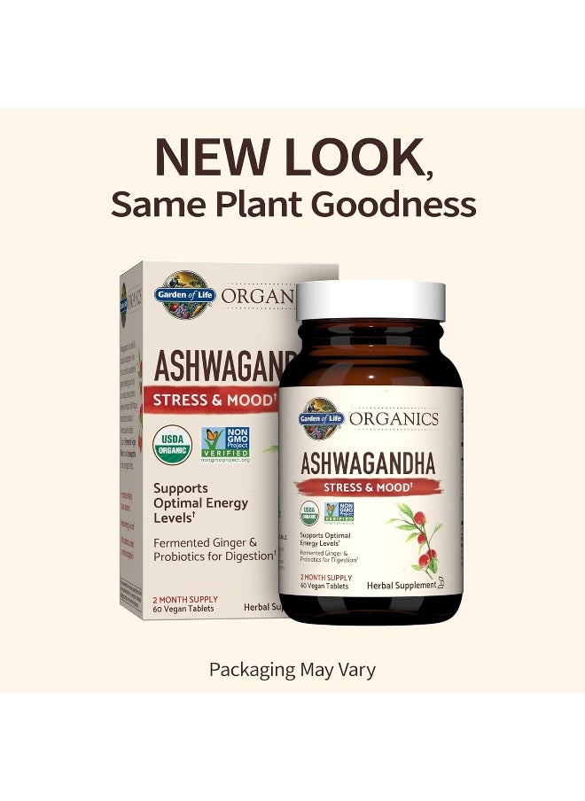 Organic Ashwagandha Stress, Mood & Energy Support Supplement With Probiotics & Ginger Root For Digestion - Garden Of Life Mykind Organics - Vegan, Gluten Free, Non GMO – 2 Month Supply, 60 Tablets
