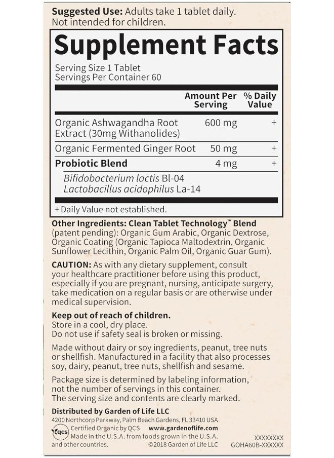 Organic Ashwagandha Stress, Mood & Energy Support Supplement With Probiotics & Ginger Root For Digestion - Garden Of Life Mykind Organics - Vegan, Gluten Free, Non GMO – 2 Month Supply, 60 Tablets