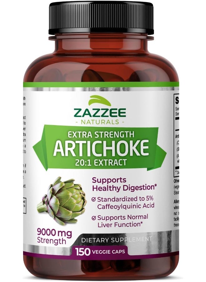 Zazzee Extra Strength Artichoke 20:1 Extract, 9000 mg Strength, 5% Caffeoylquinic Acid, 150 Vegan Capsules, 5 Month Supply, Concentrated and Standardized 20X Extract, Non-GMO and All-Natural