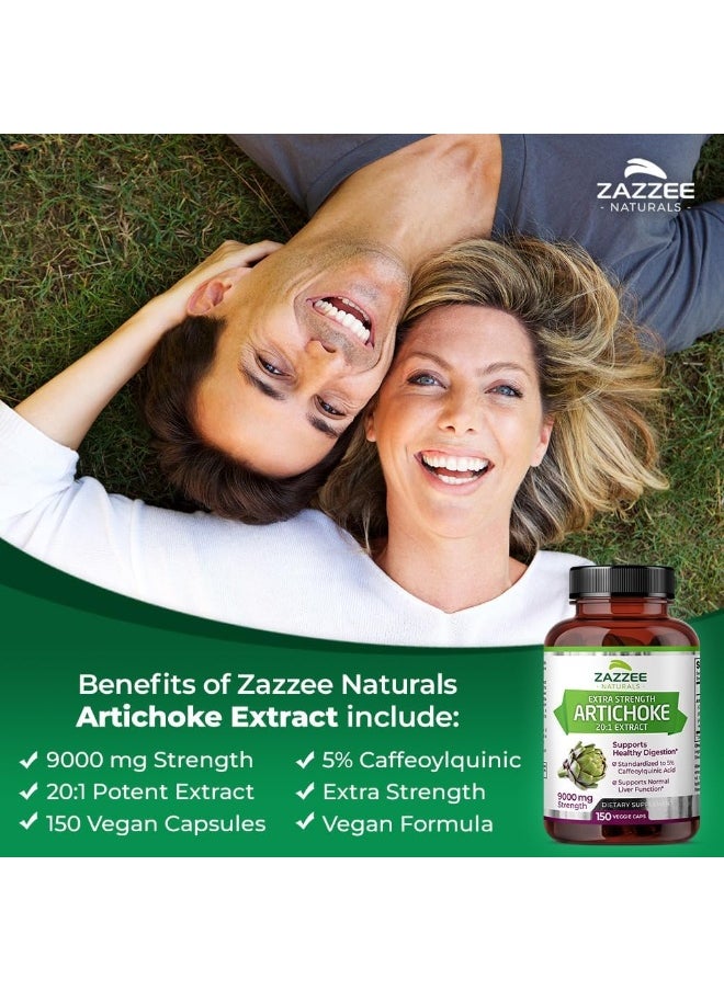 Zazzee Extra Strength Artichoke 20:1 Extract, 9000 mg Strength, 5% Caffeoylquinic Acid, 150 Vegan Capsules, 5 Month Supply, Concentrated and Standardized 20X Extract, Non-GMO and All-Natural