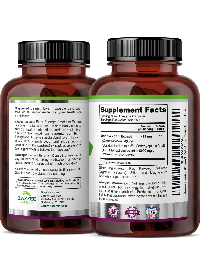 Zazzee Extra Strength Artichoke 20:1 Extract, 9000 mg Strength, 5% Caffeoylquinic Acid, 150 Vegan Capsules, 5 Month Supply, Concentrated and Standardized 20X Extract, Non-GMO and All-Natural