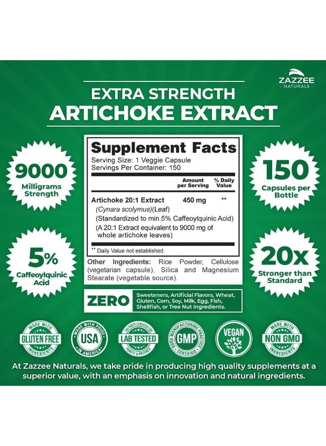 Zazzee Extra Strength Artichoke 20:1 Extract, 9000 mg Strength, 5% Caffeoylquinic Acid, 150 Vegan Capsules, 5 Month Supply, Concentrated and Standardized 20X Extract, Non-GMO and All-Natural