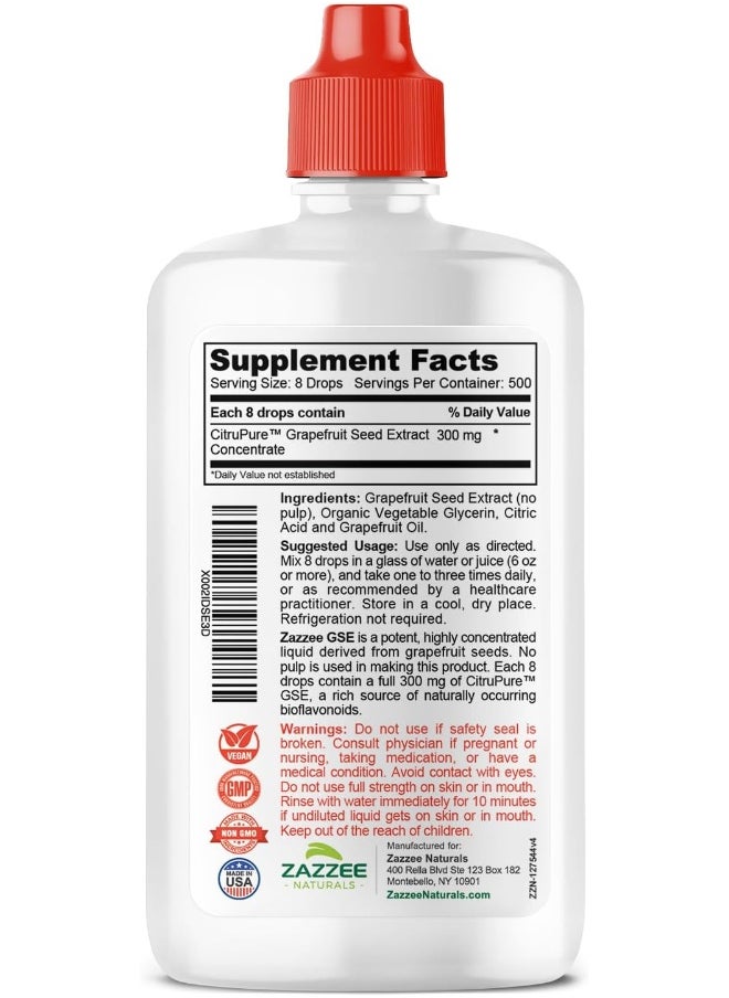 Zazzee Grapefruit Seed Extract (GSE) 4 Ounces | 2X Potency | Maximum Strength | High Absorption | 480 Servings | 100 mg per Serving | Vegan, Liquid Concentrate, Non-GMO and All-Natural