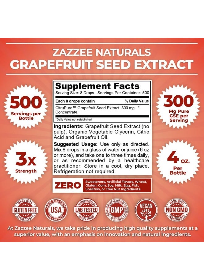 Zazzee Grapefruit Seed Extract (GSE) 4 Ounces | 2X Potency | Maximum Strength | High Absorption | 480 Servings | 100 mg per Serving | Vegan, Liquid Concentrate, Non-GMO and All-Natural