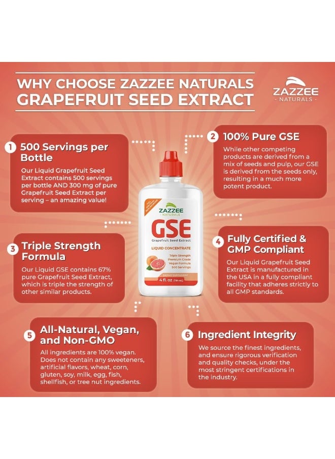Zazzee Grapefruit Seed Extract (GSE) 4 Ounces | 2X Potency | Maximum Strength | High Absorption | 480 Servings | 100 mg per Serving | Vegan, Liquid Concentrate, Non-GMO and All-Natural