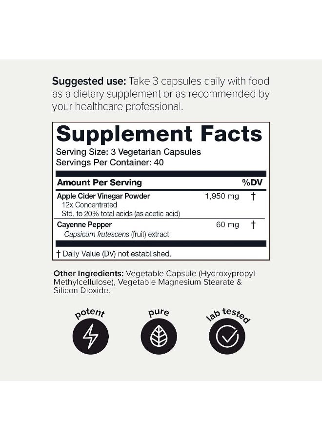 Toniiq 20% Acetic Acid Ultra High Strength Non-GMO Apple Cider Vinegar Capsules with Mother - 2,010mg Formula Pills with Cayenne Pepper -12x Potent - 120 Capsules