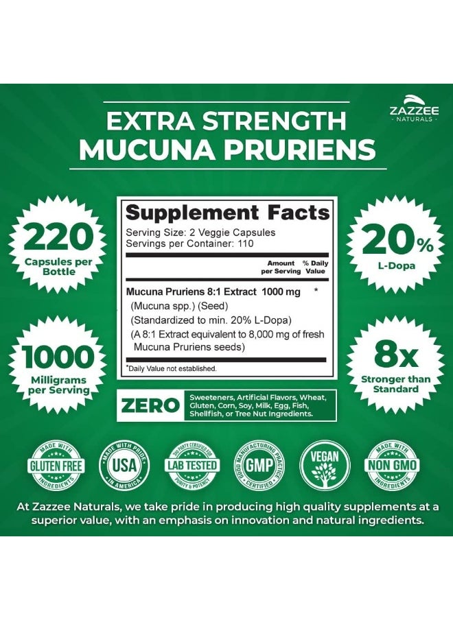 Zazzee Mucuna Pruriens 20% L-Dopa 8:1 Extract 1000 mg, 220 Vegan Capsules, Extra Strength, Potent 8X Standardized Extract, Non-GMO, Gluten Free and All-Natural