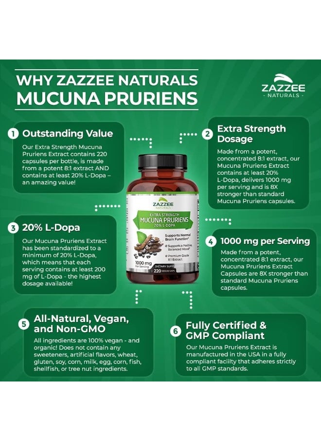 Zazzee Mucuna Pruriens 20% L-Dopa 8:1 Extract 1000 mg, 220 Vegan Capsules, Extra Strength, Potent 8X Standardized Extract, Non-GMO, Gluten Free and All-Natural