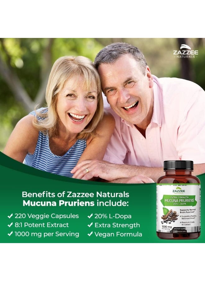Zazzee Mucuna Pruriens 20% L-Dopa 8:1 Extract 1000 mg, 220 Vegan Capsules, Extra Strength, Potent 8X Standardized Extract, Non-GMO, Gluten Free and All-Natural