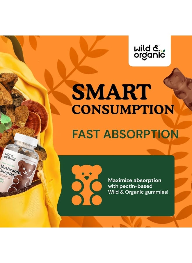 Wild & Organic Mushroom Gummies - Reishi, Chaga, Cordyceps, Maitake, Lion's Mane, Turkey Tail, Mesima, Shiitake, Agarikon, Oyster Blend - Brain Booster & Immune Support Supplement, 60 Chews per Bottle