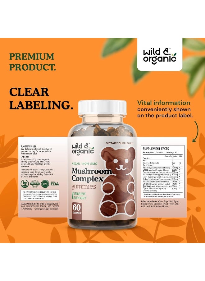 Wild & Organic Mushroom Gummies - Reishi, Chaga, Cordyceps, Maitake, Lion's Mane, Turkey Tail, Mesima, Shiitake, Agarikon, Oyster Blend - Brain Booster & Immune Support Supplement, 60 Chews per Bottle