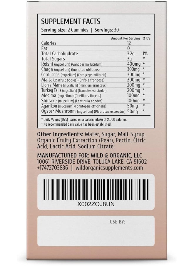Wild & Organic Mushroom Gummies - Reishi, Chaga, Cordyceps, Maitake, Lion's Mane, Turkey Tail, Mesima, Shiitake, Agarikon, Oyster Blend - Brain Booster & Immune Support Supplement, 60 Chews per Bottle