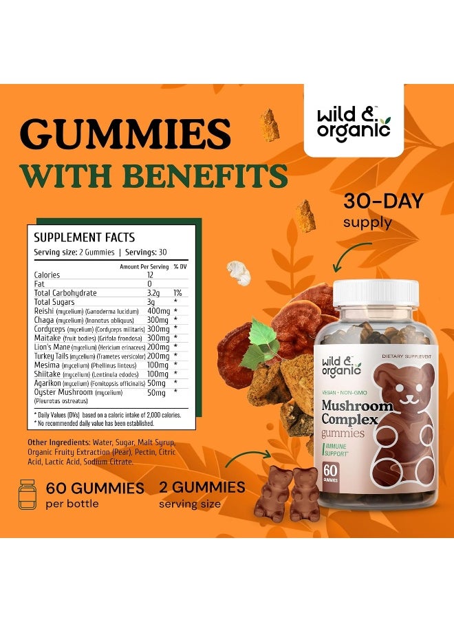 Wild & Organic Mushroom Gummies - Reishi, Chaga, Cordyceps, Maitake, Lion's Mane, Turkey Tail, Mesima, Shiitake, Agarikon, Oyster Blend - Brain Booster & Immune Support Supplement, 60 Chews per Bottle