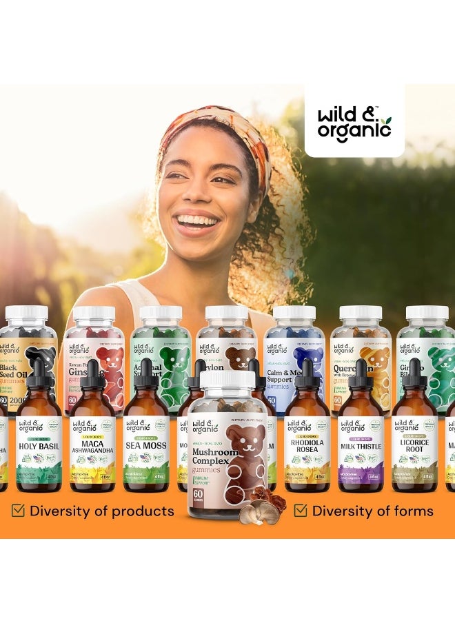 Wild & Organic Mushroom Gummies - Reishi, Chaga, Cordyceps, Maitake, Lion's Mane, Turkey Tail, Mesima, Shiitake, Agarikon, Oyster Blend - Brain Booster & Immune Support Supplement, 60 Chews per Bottle