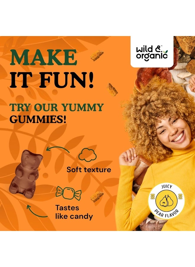 Wild & Organic Mushroom Gummies - Reishi, Chaga, Cordyceps, Maitake, Lion's Mane, Turkey Tail, Mesima, Shiitake, Agarikon, Oyster Blend - Brain Booster & Immune Support Supplement, 60 Chews per Bottle