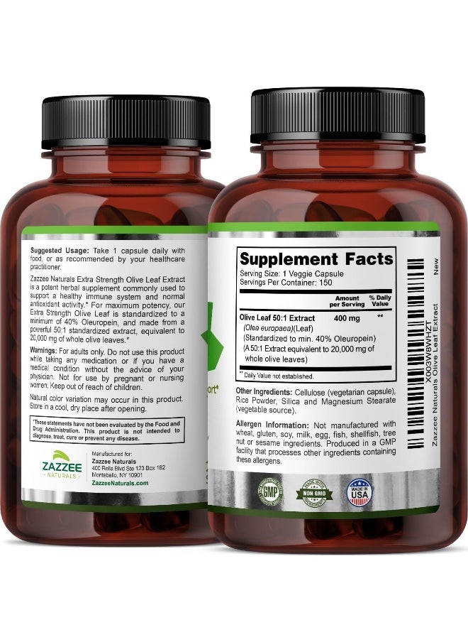 Zazzee Extra Strength Olive Leaf 50:1 Extract, 20,000 mg Strength, 40% Oleuropein, 150 Vegan Capsules, 5 Month Supply, Concentrated and Standardized 50X Extract, 100% Vegetarian, Non-GMO, All-Natural