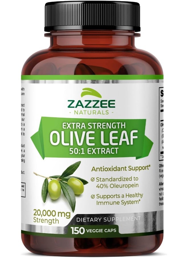 Zazzee Extra Strength Olive Leaf 50:1 Extract, 20,000 mg Strength, 40% Oleuropein, 150 Vegan Capsules, 5 Month Supply, Concentrated and Standardized 50X Extract, 100% Vegetarian, Non-GMO, All-Natural