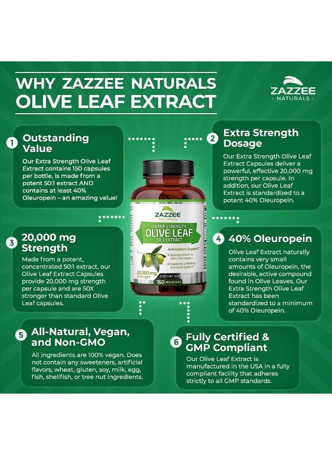 Zazzee Extra Strength Olive Leaf 50:1 Extract, 20,000 mg Strength, 40% Oleuropein, 150 Vegan Capsules, 5 Month Supply, Concentrated and Standardized 50X Extract, 100% Vegetarian, Non-GMO, All-Natural