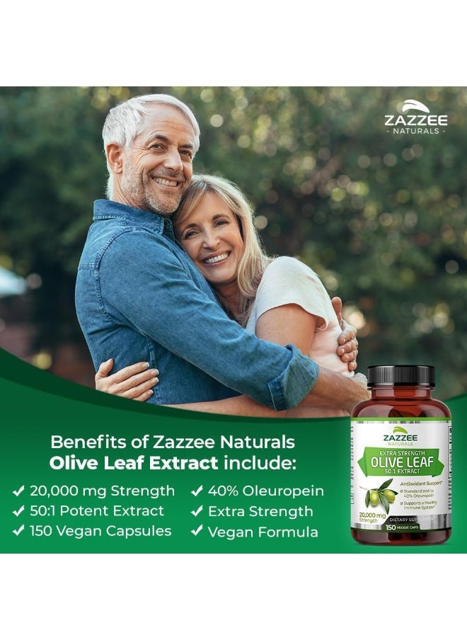 Zazzee Extra Strength Olive Leaf 50:1 Extract, 20,000 mg Strength, 40% Oleuropein, 150 Vegan Capsules, 5 Month Supply, Concentrated and Standardized 50X Extract, 100% Vegetarian, Non-GMO, All-Natural