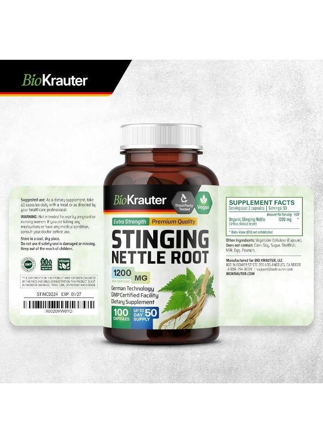Stinging Nettle Capsules - Natural Urinary Tract & Overall Health Support - Organic Nettle Root Powder (Urtica Dioica) 1800 mg - 100 Vegan Pills - Non GMO