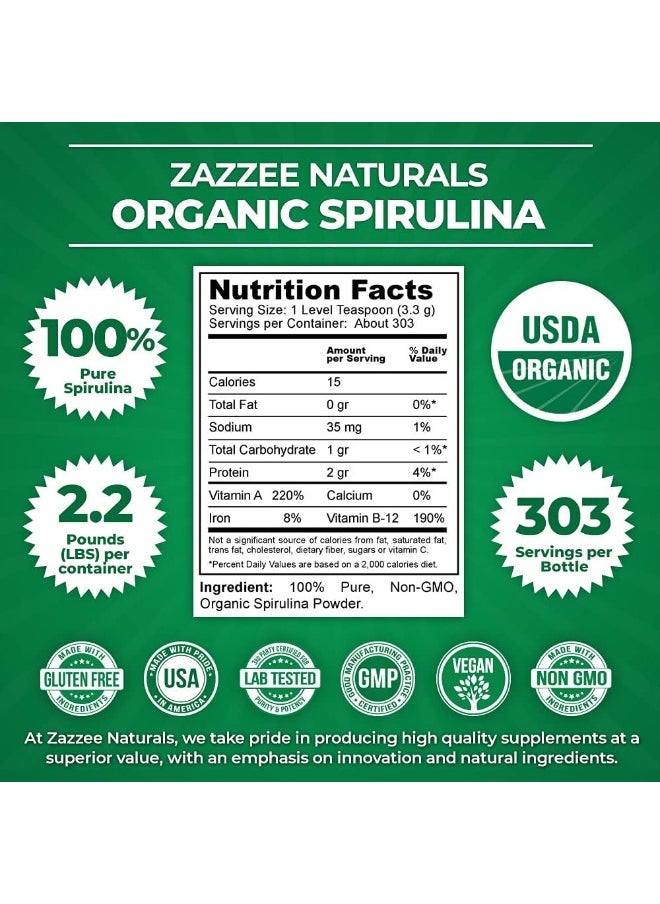 Zazzee USDA Certified Organic Spirulina Powder, 2.2 Pounds (1 KG), 303 Servings, 100% Pure, Non-Irradiated, Mess-Free Wide Mouth Container, Fresh Smell and Neutral Taste, Vegan, Non-GMO, Gluten-Free