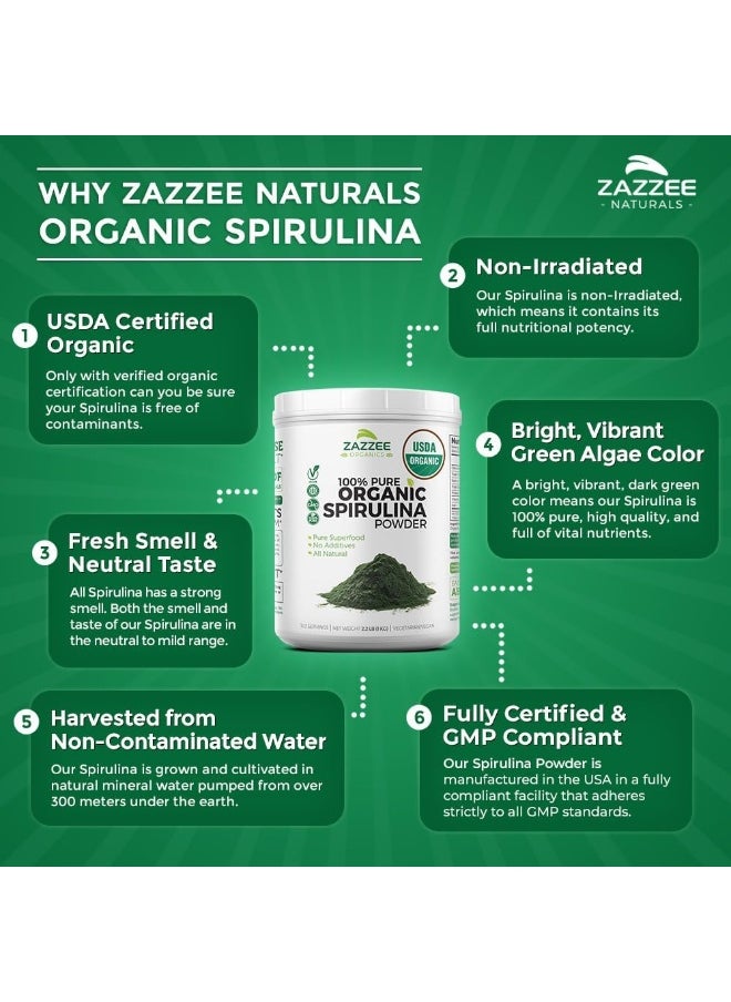 Zazzee USDA Certified Organic Spirulina Powder, 2.2 Pounds (1 KG), 303 Servings, 100% Pure, Non-Irradiated, Mess-Free Wide Mouth Container, Fresh Smell and Neutral Taste, Vegan, Non-GMO, Gluten-Free