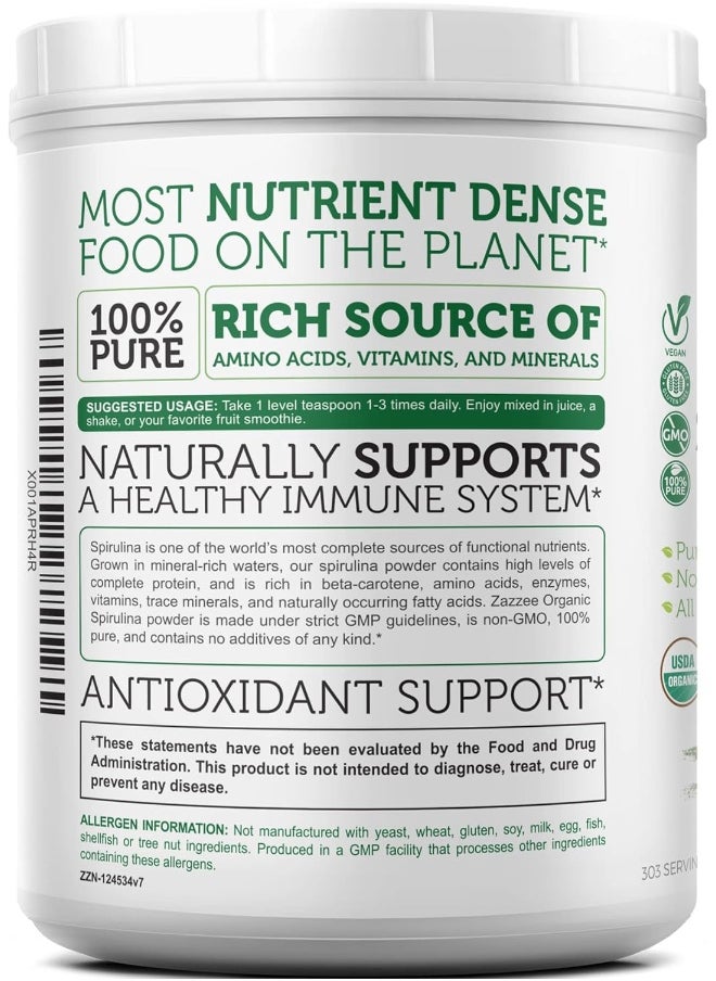Zazzee USDA Certified Organic Spirulina Powder, 2.2 Pounds (1 KG), 303 Servings, 100% Pure, Non-Irradiated, Mess-Free Wide Mouth Container, Fresh Smell and Neutral Taste, Vegan, Non-GMO, Gluten-Free
